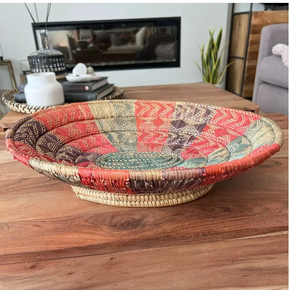 Colorful Vintage Boho Oval Hand Woven Basket Bowl Coiled African Footed Artisan